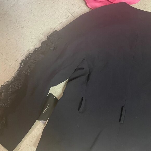 ZARA BASIC Blazer Womens Sz Large Black Ruffle Sleeve Fully Lined NO BELT - Picture 10 of 13